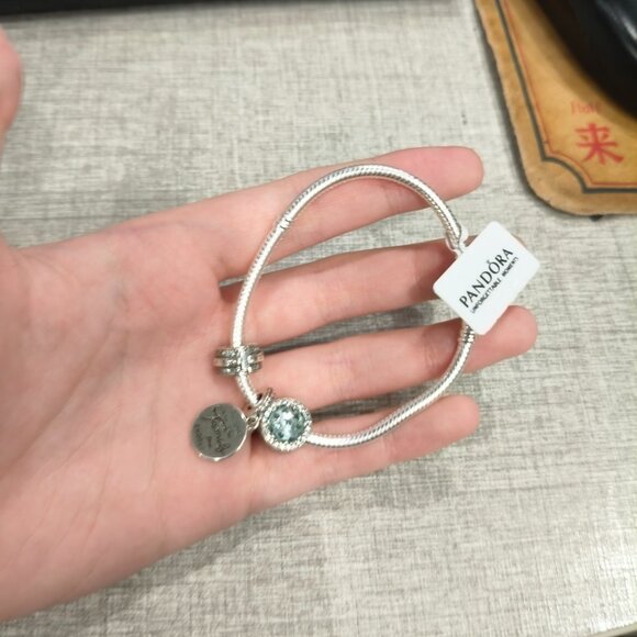 Pandora Silver Charm Bracelet | Family Love & Sparkling Blue Charm | Authentic - Picture 3 of 4